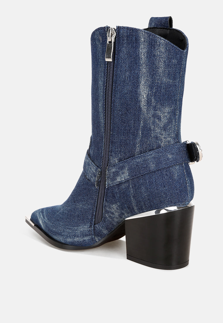 melrose diamante buckle accent block heel boots#color_denim