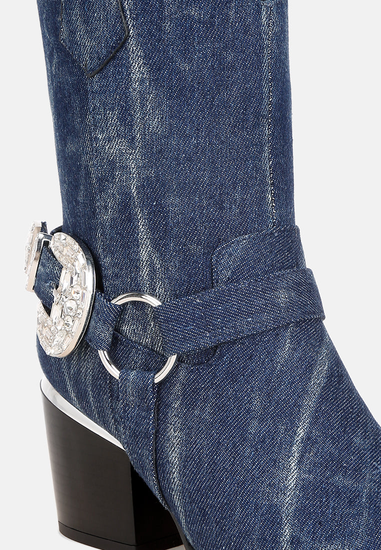 melrose diamante buckle accent block heel boots#color_denim