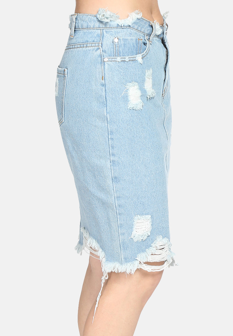 women's mid wash denim skirt with distress#color_blue