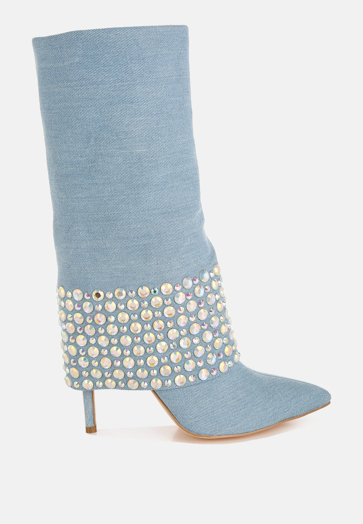 mike drop diamante & rhinestones denim boots#color_blue