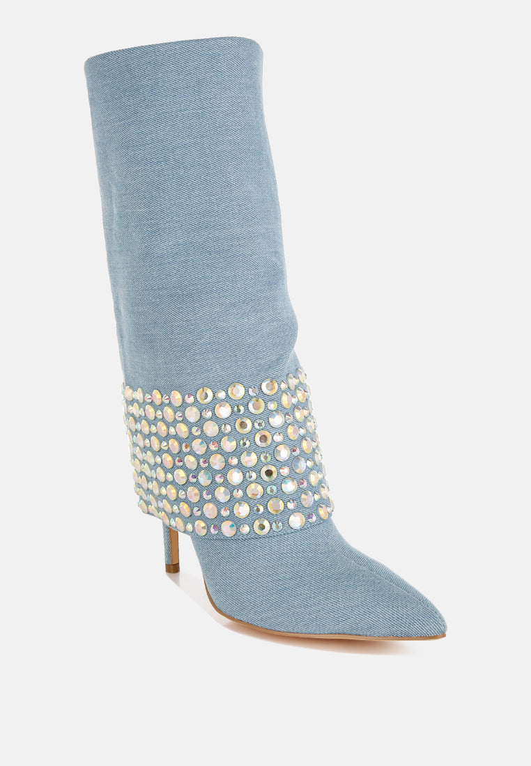 mike drop diamante & rhinestones denim boots#color_blue