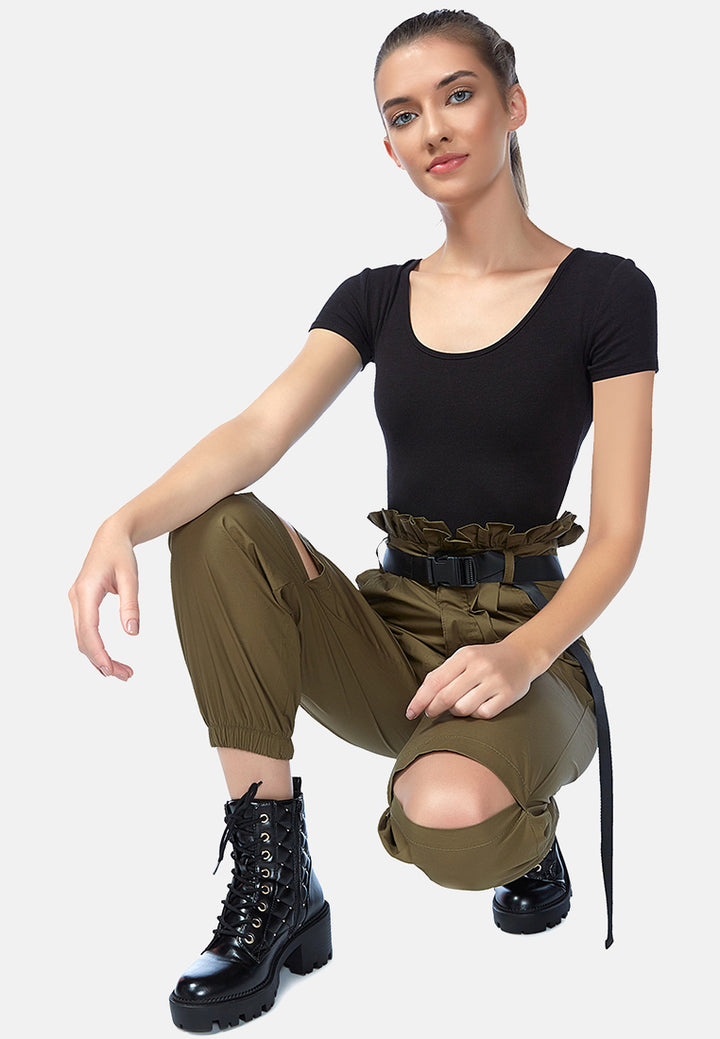 paper bag pants with buckled belt#color_military-green