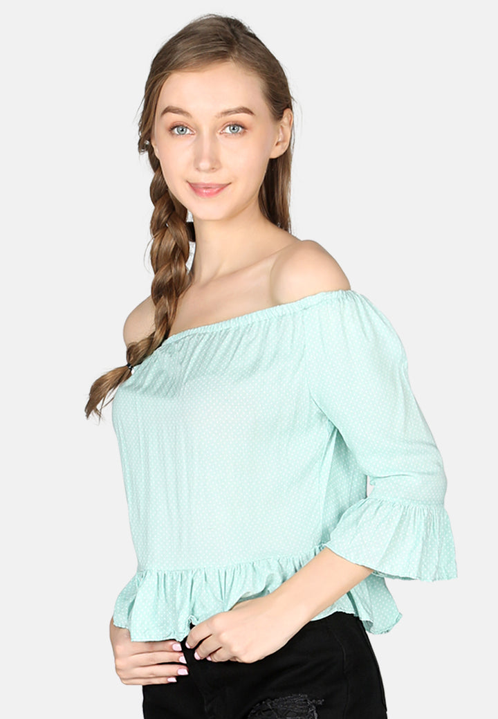 white polka dot off shoulder top#color_mint