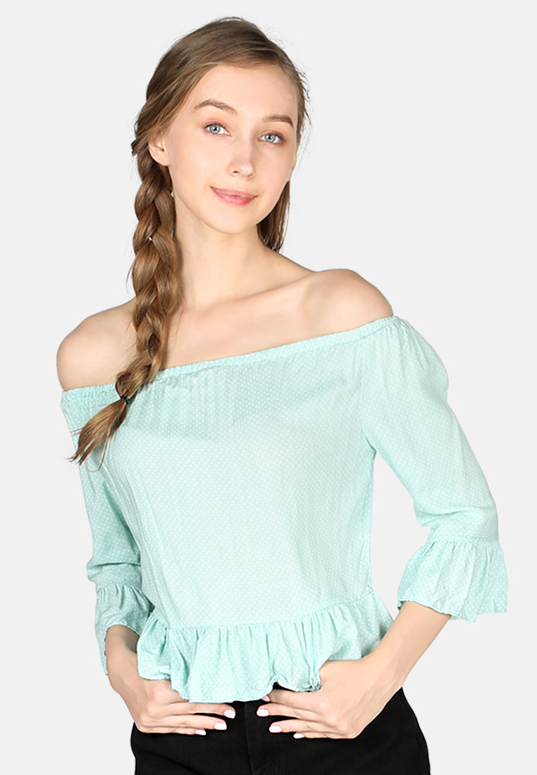 white polka dot off shoulder top#color_mint