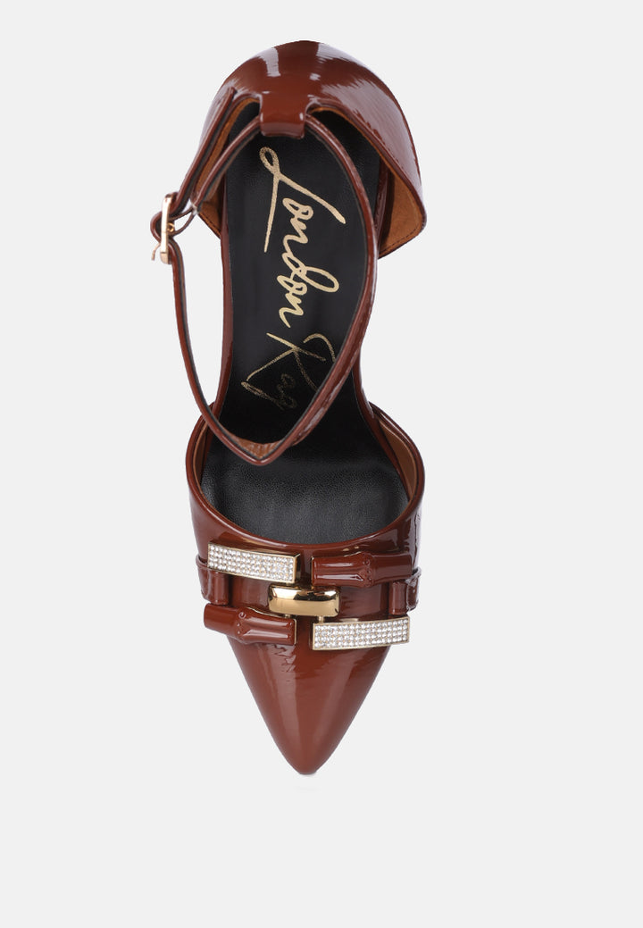 mocktail buckle embellished stiletto heels#color_tan