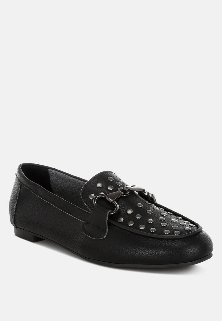 mocasines de cuero real adornados con horsebit y tachuelas de modaha#color_black
