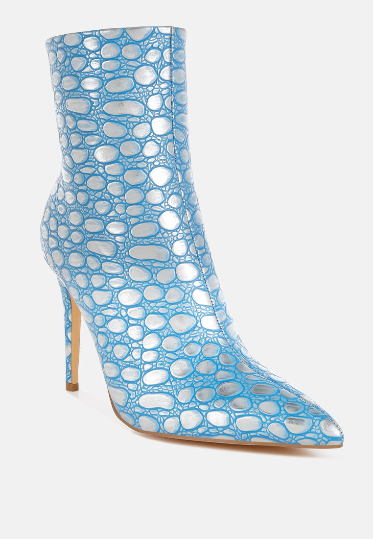 moolah embossed stiletto heel ankle boots#color_blue