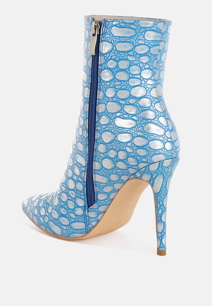 moolah embossed stiletto heel ankle boots#color_blue