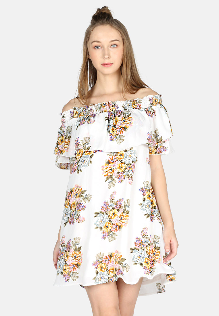 off shoulder floral short dress#color_white