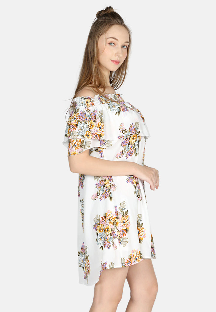 off shoulder floral short dress#color_white