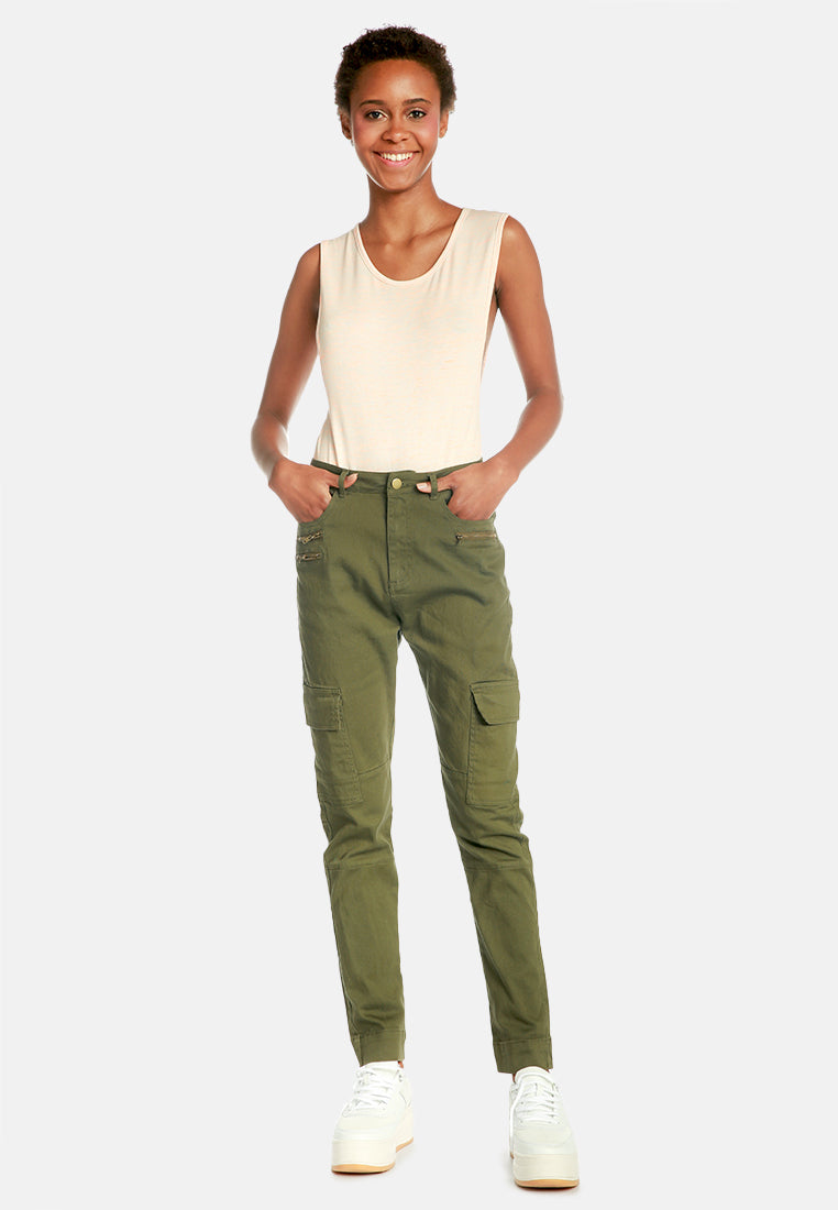 slim fit cargo pants with zipper details on front#color_olive-green
