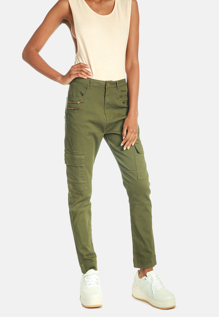 slim fit cargo pants with zipper details on front#color_olive-green