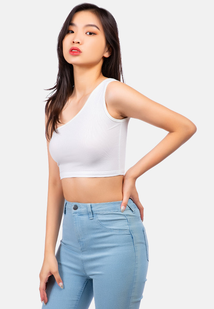 one shoulder knitted crop top#color_white