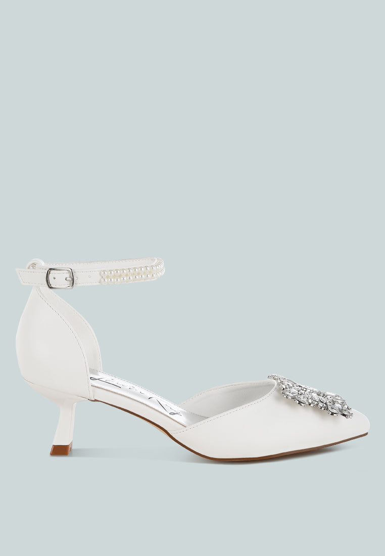 diamante brooch kitten heel sandals by mode#color_white