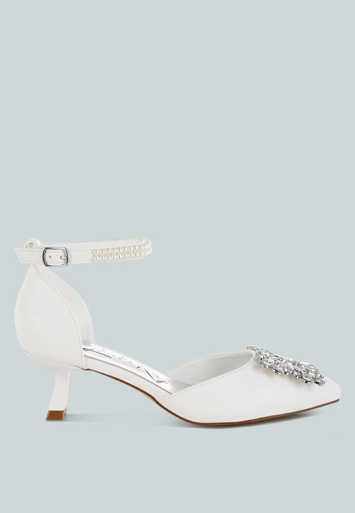 diamante brooch kitten heel sandals by mode#color_white