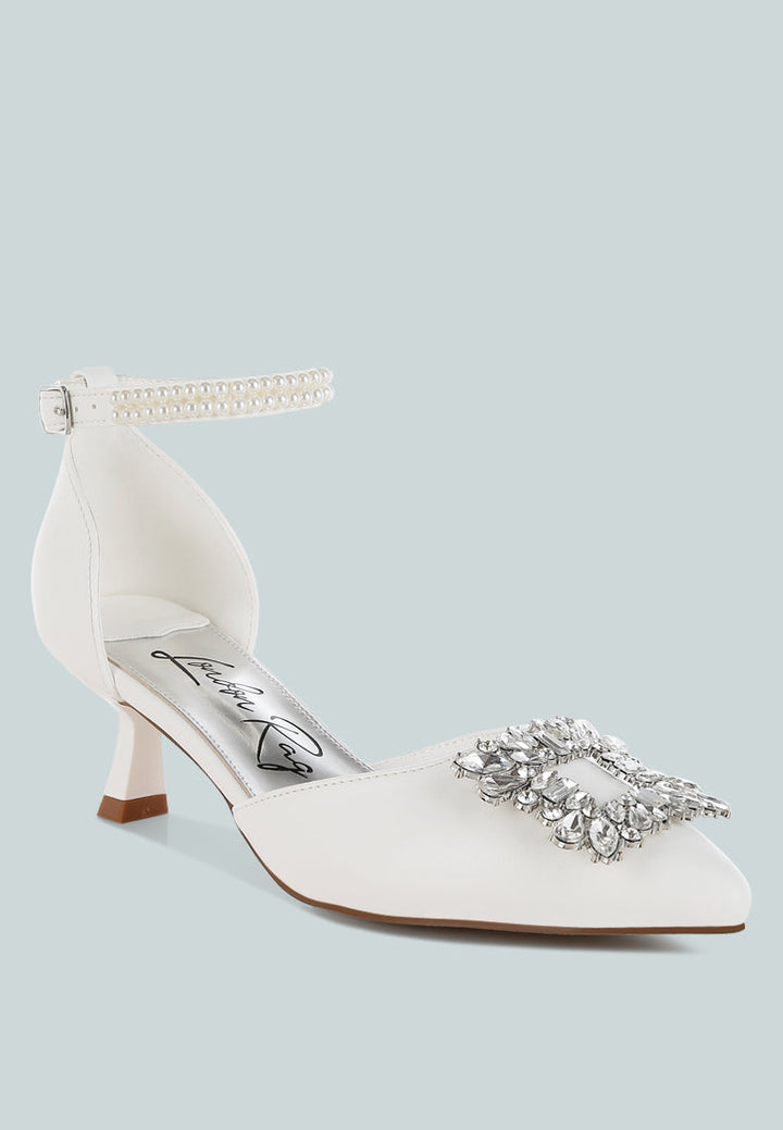 diamante brooch kitten heel sandals by mode#color_white