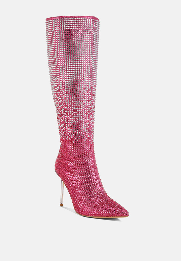 orymple shiny rhinestone studded calf boots#color_pink