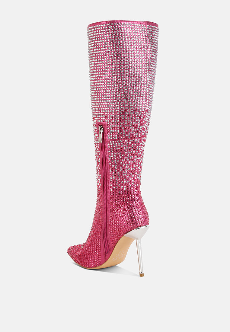 orymple shiny rhinestone studded calf boots#color_pink