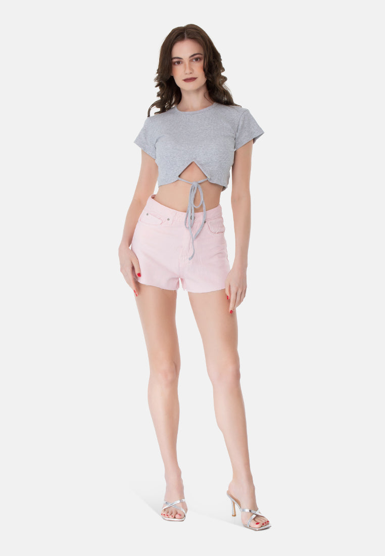 pink jeans high waist raw hem shorts#color_pink