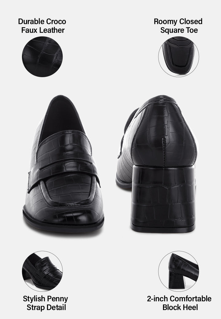 pitaka block heel penny strap loafers#color_black-croco-faux-leather