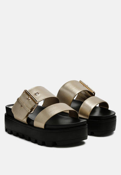 platform lug sole metal buckle sandals#color_black-gold