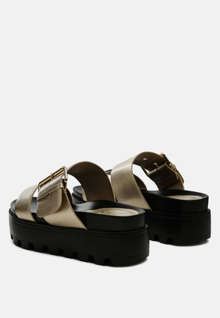 platform lug sole metal buckle sandals#color_black-gold