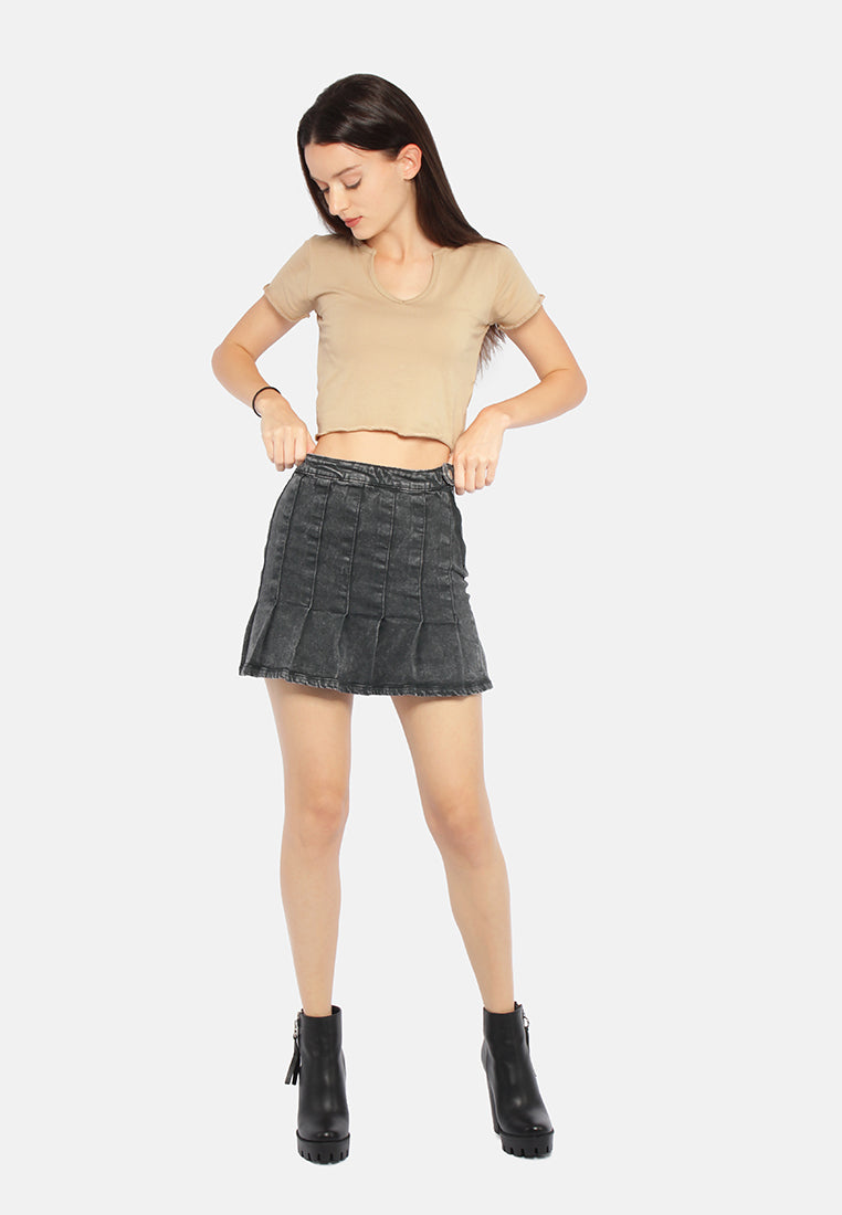 pleated denim mini skirt#color_black
