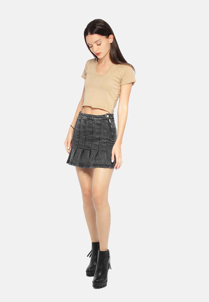 pleated denim mini skirt#color_black