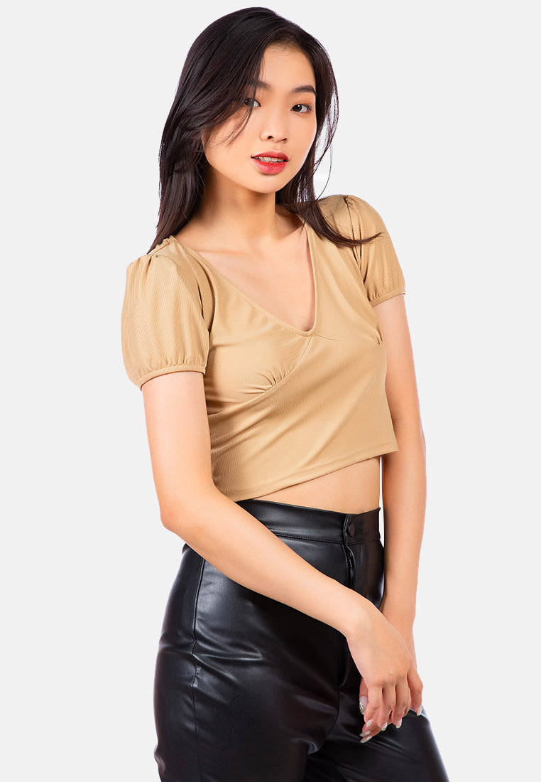 pleated v neck top#color_taupe