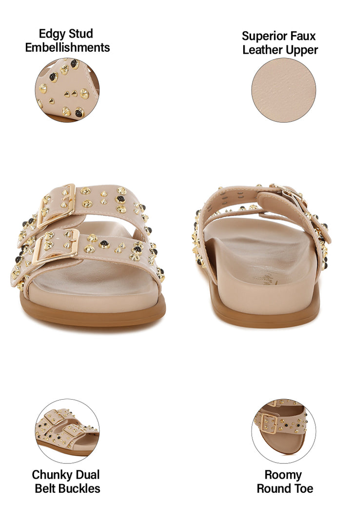 metallic stud embellished sliders by ruw#color_beige