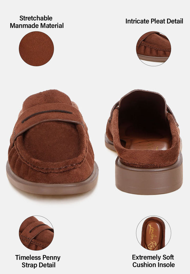 stretch fit pleated flat mules#color#brown-suede