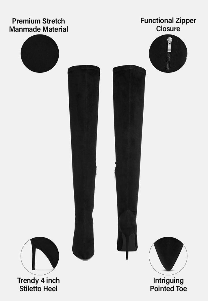Hydranga Stretch Knee High Stiletto Boots#color_black-suede