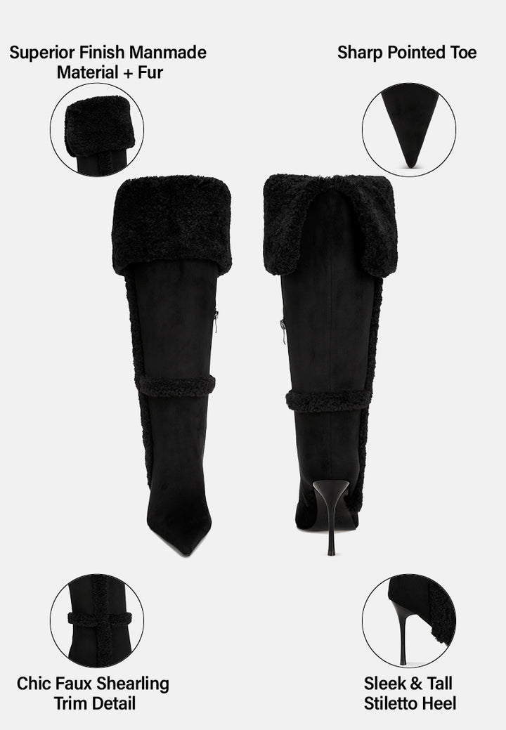 jenah faux Shearling detail Stiletto heel boots#color_black-suede
