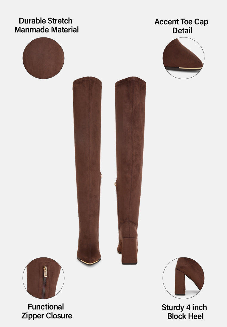 veronica stretchable block heel long boots#color_brown-suede