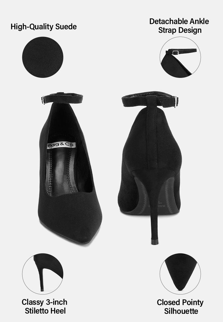 Dittany Ankle Strap Stiletto Heel Pumps#color_black-suede
