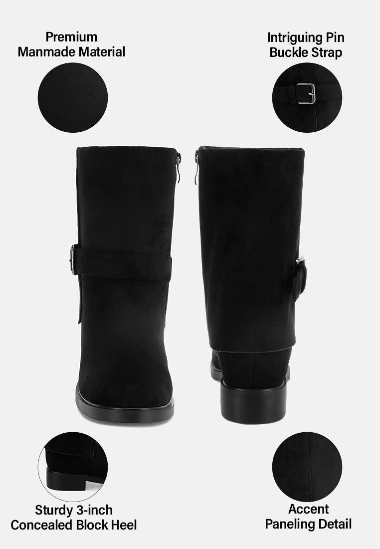 Tall & Taken Harness Detail Calf Boots#color_black-suede