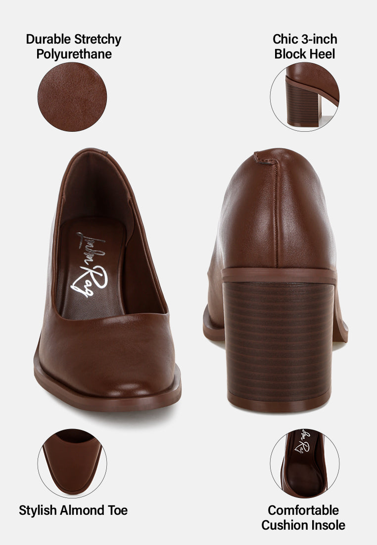 Amalina Almond Toe Block Heel Pumps#color_brown-smooth
