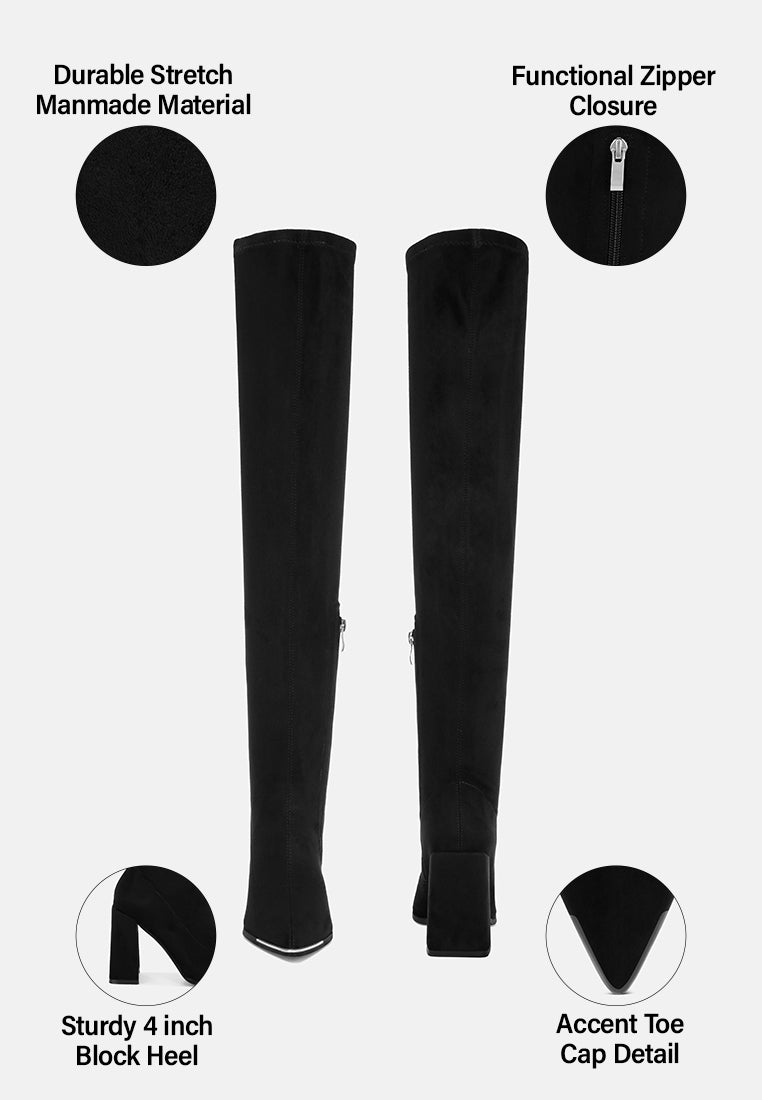 veronica stretchable block heel long boots#color_black-suede