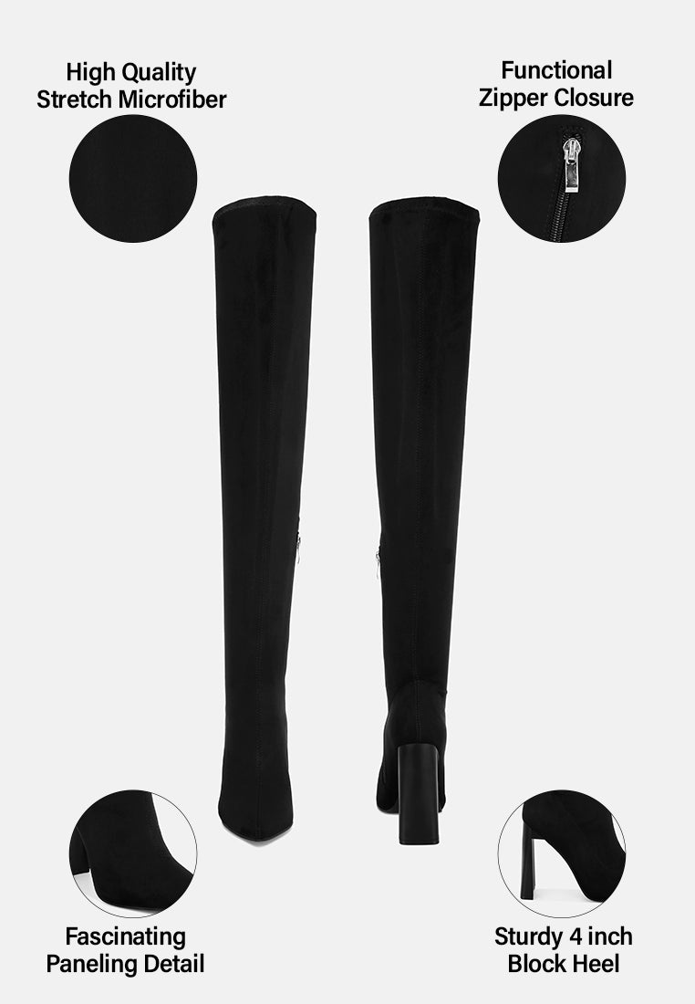 amayara stretchable pointed toe long boots#color_black-suede