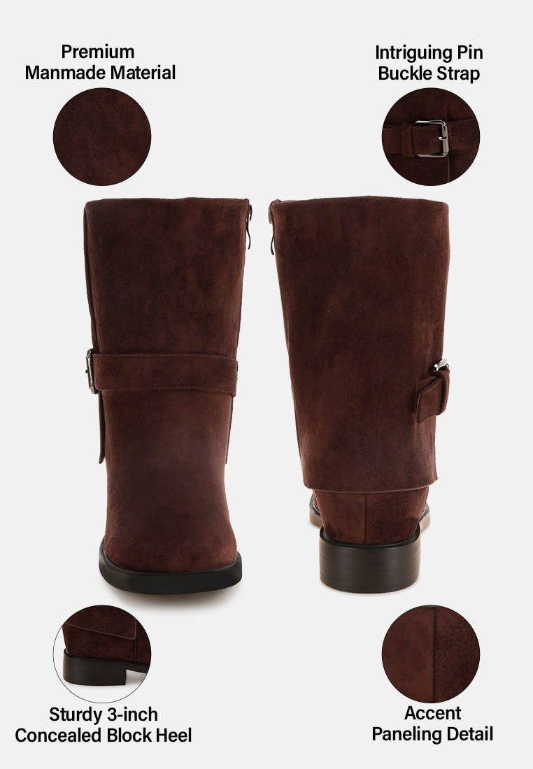 Tall & Taken Harness Detail Calf Boots#color_brown-suede