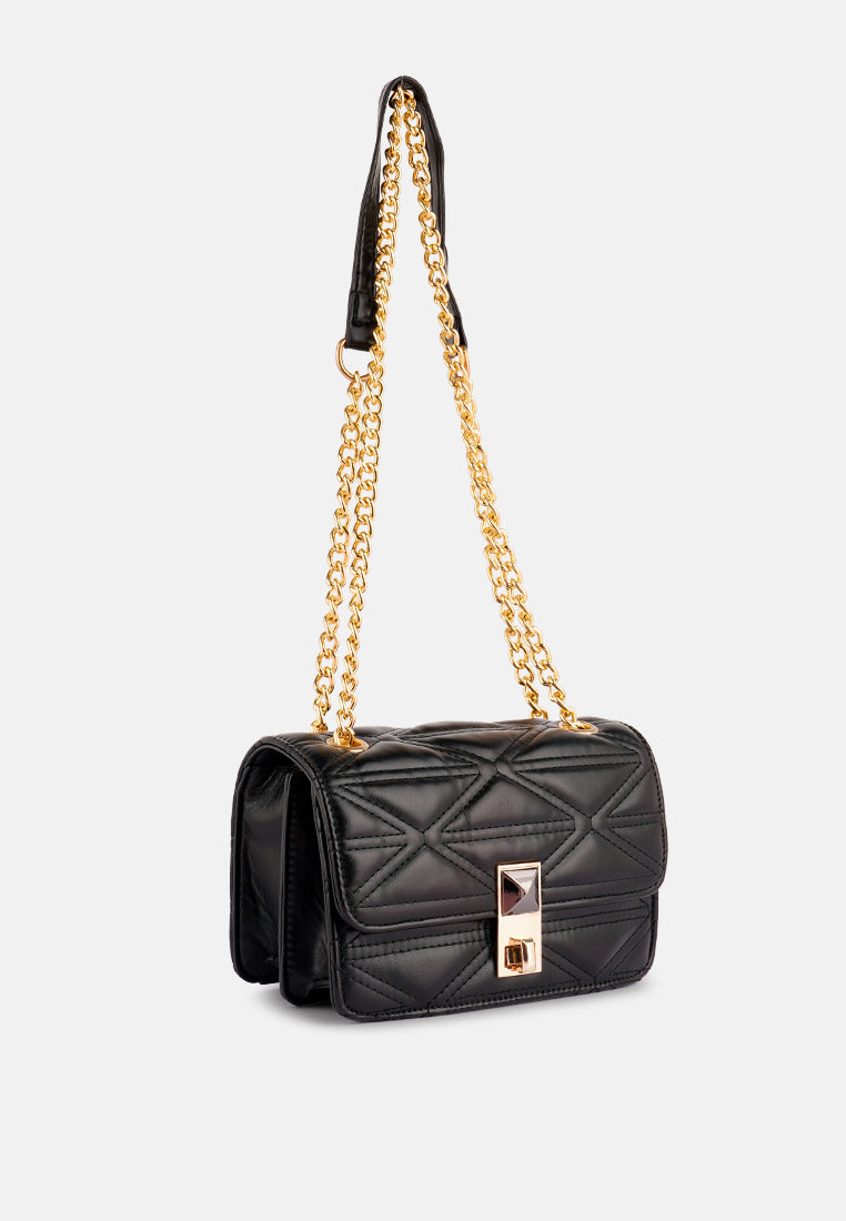 quilted multi metal strap handbag#color_black