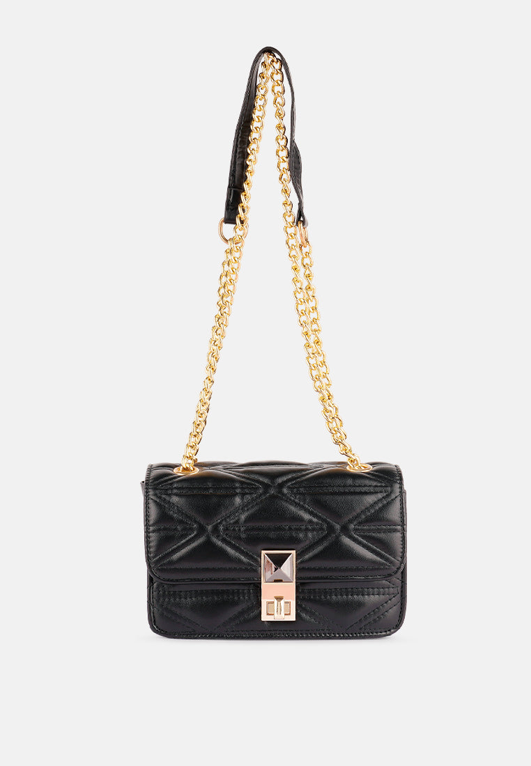quilted multi metal strap handbag#color_black