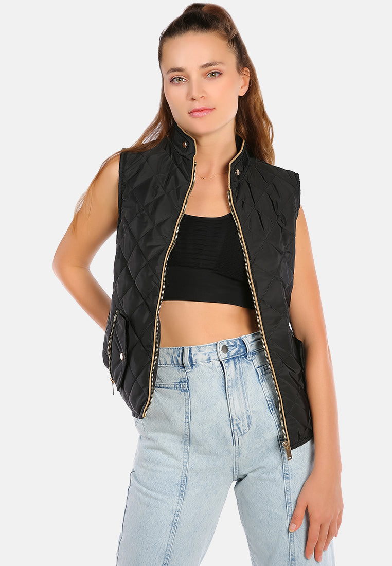 quilted puffer sleeveless jacket#color_black