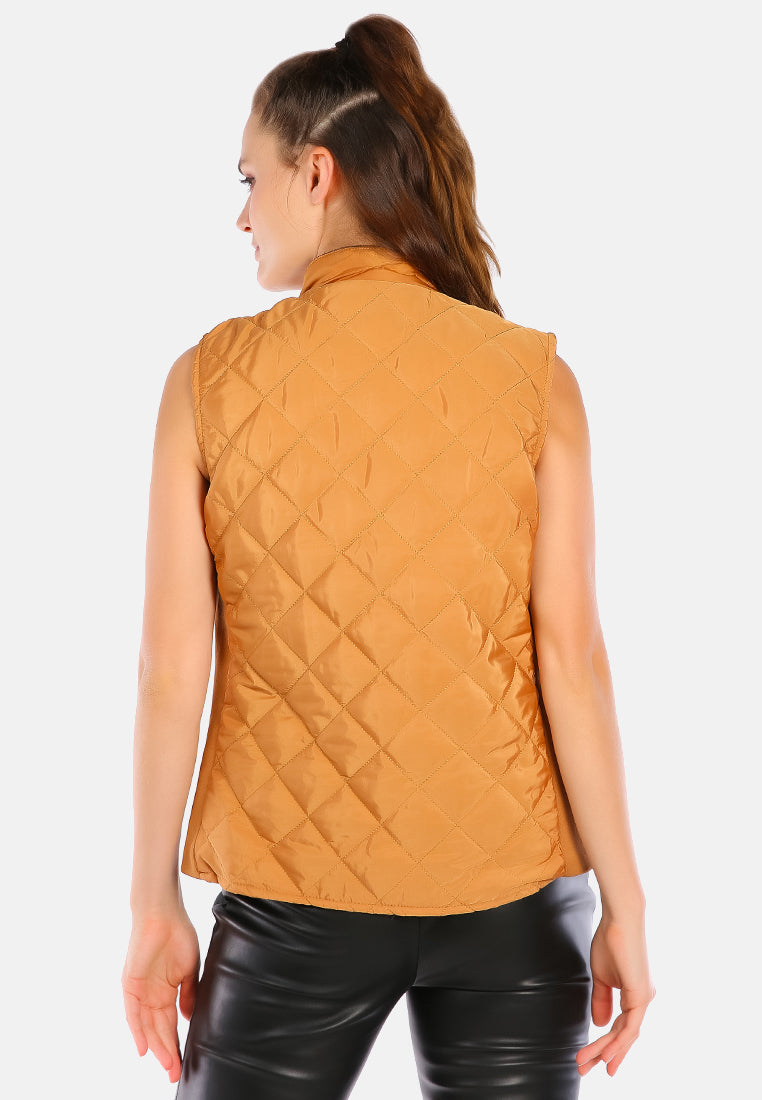 quilted puffer sleeveless jacket#color_khaki