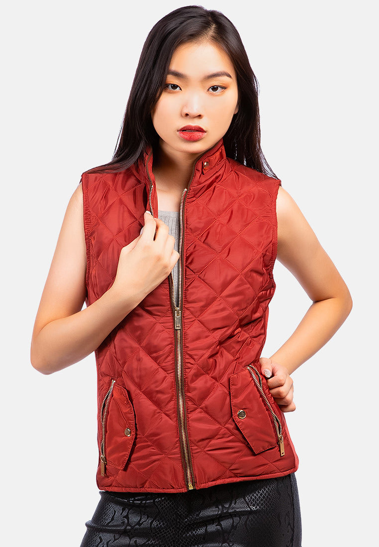 quilted puffer sleeveless jacket#color_rust-red