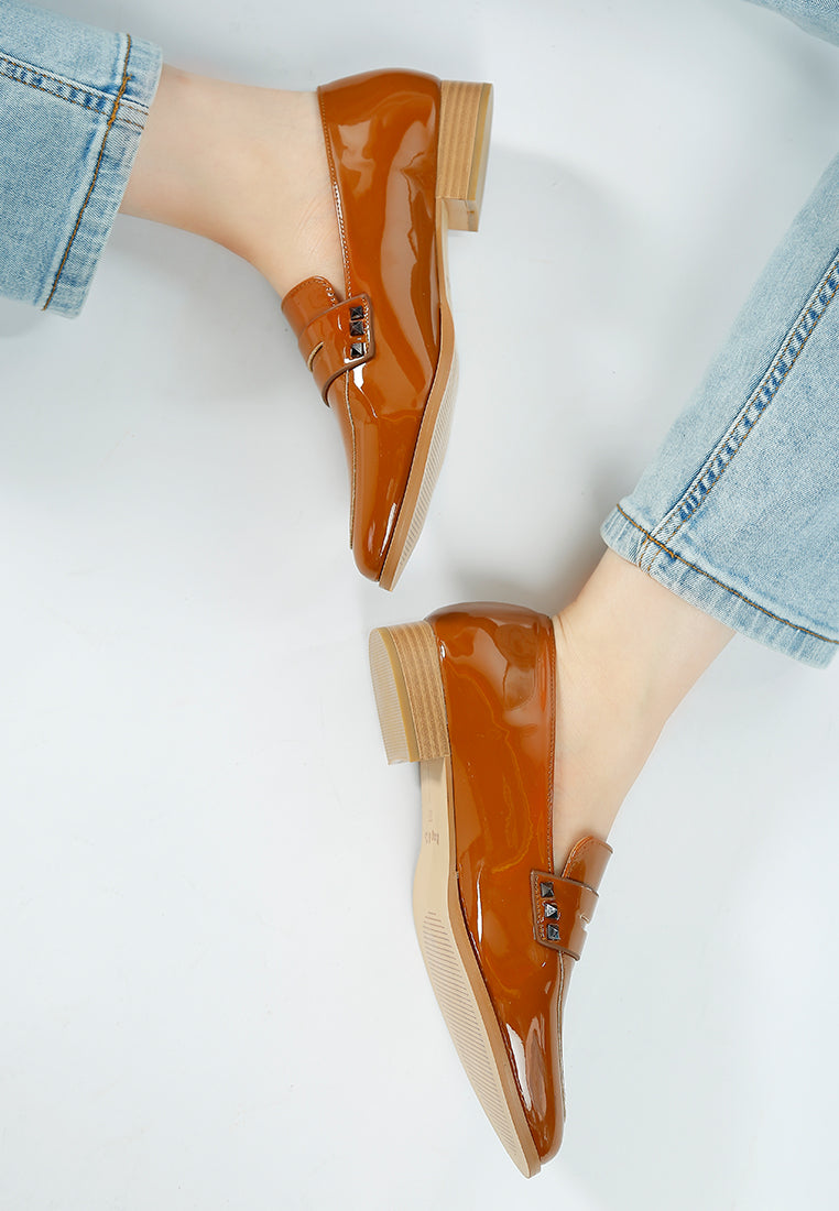 patent pleather penny loafers by ruw color_tan