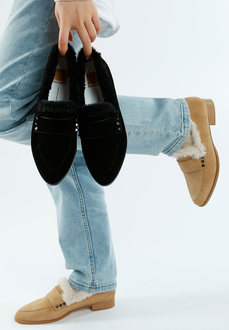 fur trim suede loafers by ruw#color_black