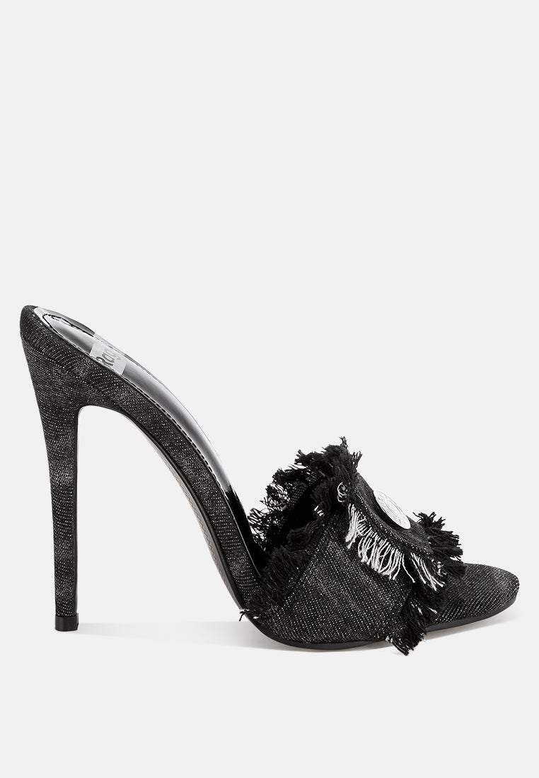 Claudia Distressed Denim Stiletto Sandals#color_black denim
