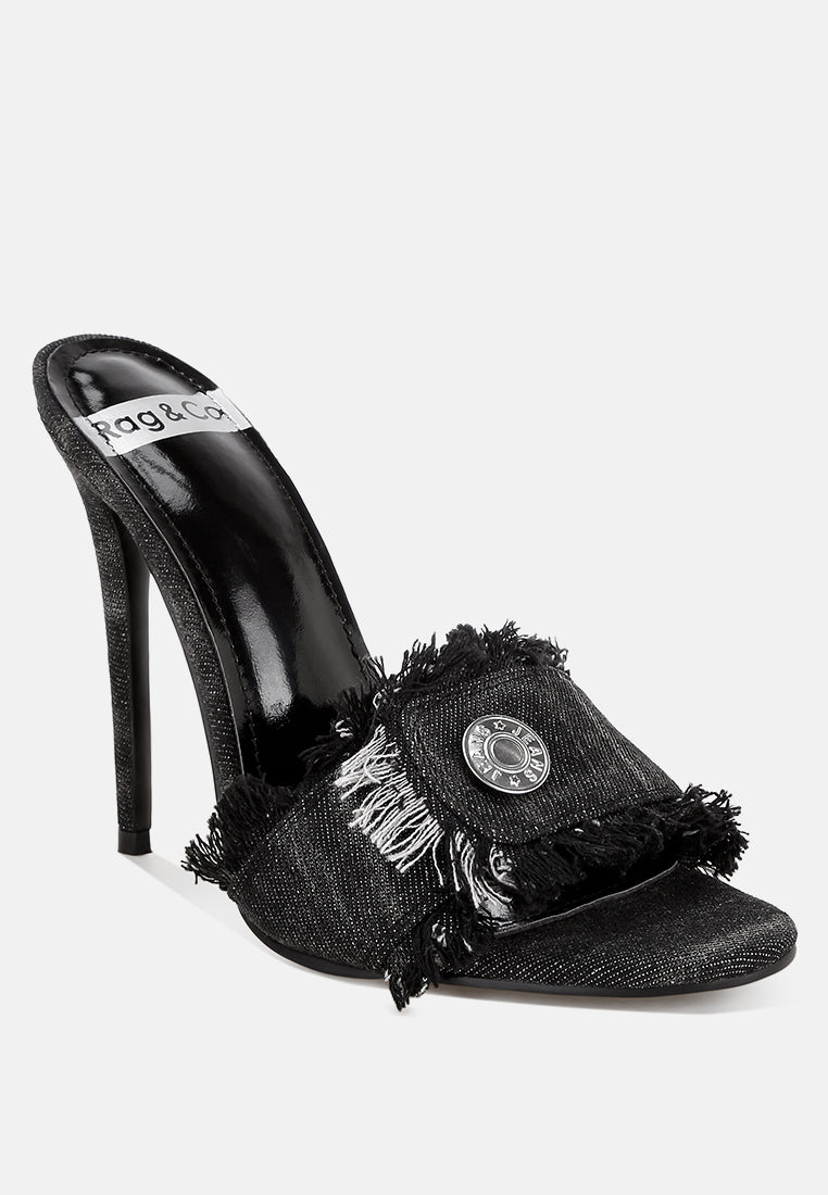 Claudia Distressed Denim Stiletto Sandals#color_black denim