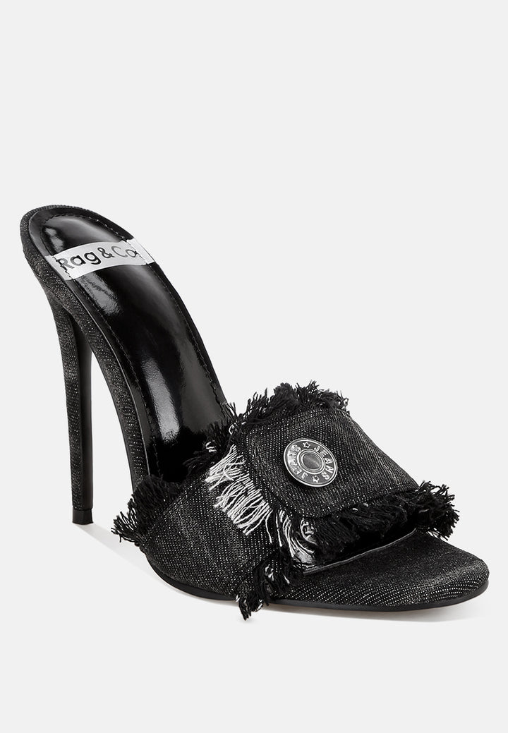 Claudia Distressed Denim Stiletto Sandals#color_black denim